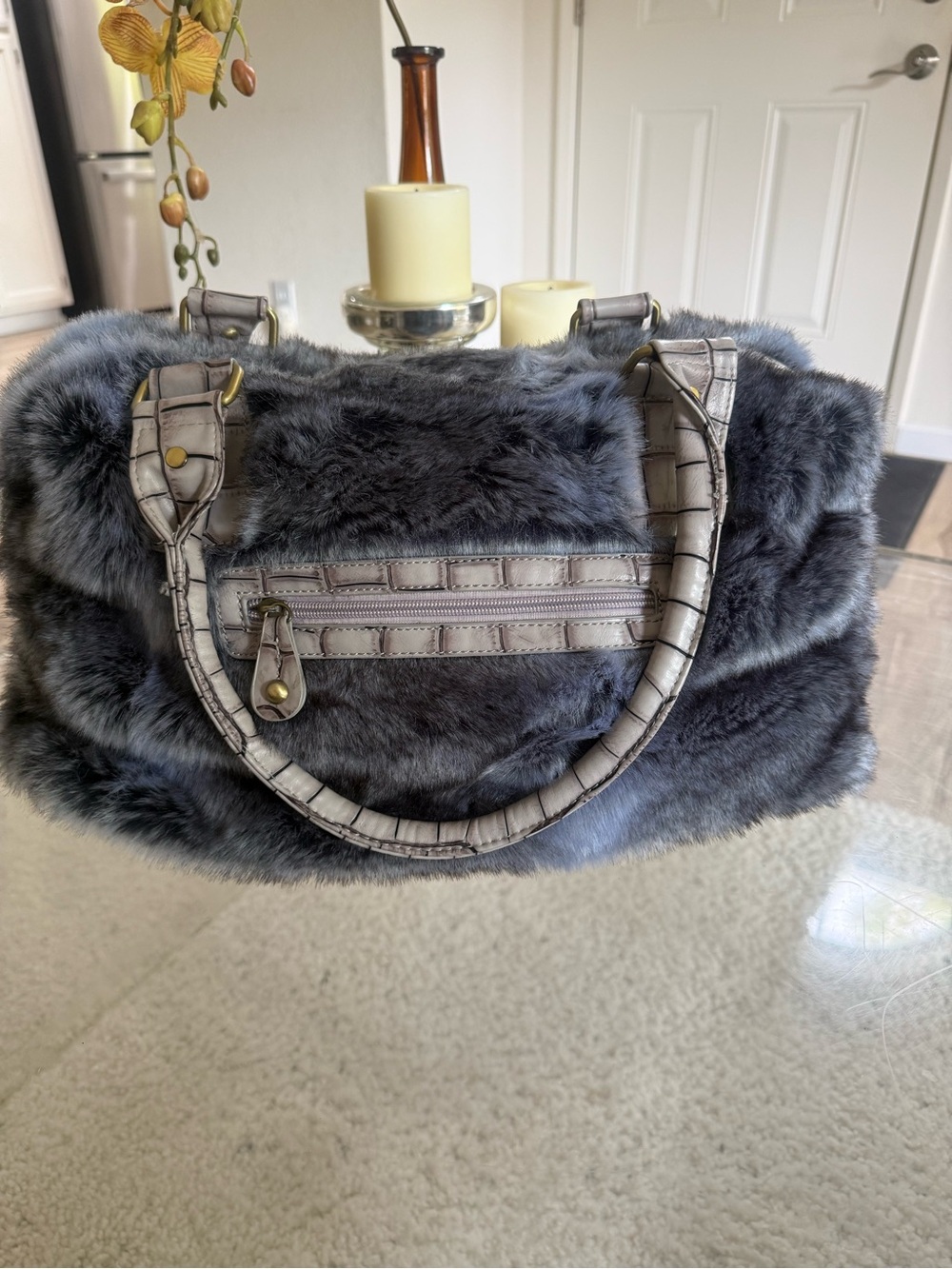 Faux Fur Satchel Handbag - Gray